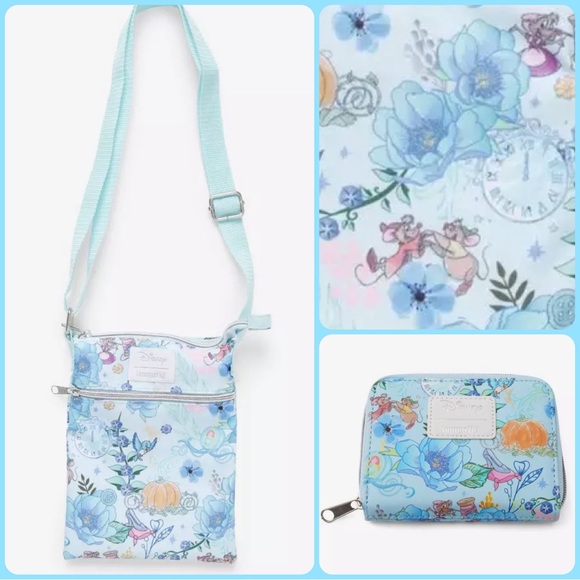 LOUNGEFLY DISNEY CINDERELLA Floral Passport CROSSBODY BAG & MINI ZIP WALLET!